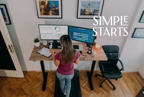 Person walking on treadmill with simple start logo